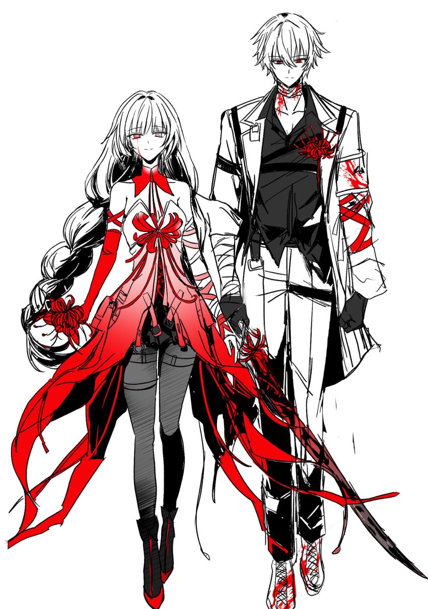 1boy 1girl ankle_boots armband asymmetrical_sleeves bandaged_arm bandaged_neck bandages bare_shoulders black_gloves black_pantyhose black_shirt blood blood_on_clothes blood_on_face blood_on_neck bloody_bandages bloody_tears boots boutonniere braid bright_pupils chest_harness clenched_hand closed_mouth collared_shirt commentary_request corsage detached_collar detached_sleeves dress dress_pants expressionless flower full_body gloves halter_dress halterneck harness height_difference heterochromia high-low_dress highres holding holding_flower holding_sword holding_weapon ilsijeongj2213 jacket korean_commentary lapels light_smile long_hair long_sleeves low_twin_braids mismatched_pupils narrowed_eyes notched_lapels oc_x_canon open_clothes open_jacket original pantyhose phrolova_(wuthering_waves) red_bandage red_dress red_eyes red_flower red_pupils red_sleeves red_theme rether_(ilsijeongj2213) shirt short_hair side-by-side simple_background single_detached_sleeve sleeve_garter sleeveless sleeveless_dress spider_lily split_mouth spot_color standing straight-on sword symbol-shaped_pupils thigh_strap three-quarter_sleeves twin_braids uneven_sleeves untucked_shirt very_long_hair very_short_hair weapon white_background wing_collar wuthering_waves