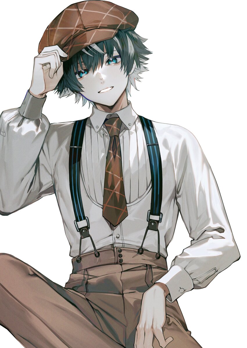 1boy absurdres albino_(a1b1n0623) black_hair blue_eyes brown_necktie brown_pants cabbie_hat charlemagne_(disguise_costume)_(fate) charlemagne_(fate) fate/grand_order fate_(series) hat highres male_focus multicolored_hair necktie pants shirt suspenders two-tone_hair white_background white_hair white_shirt