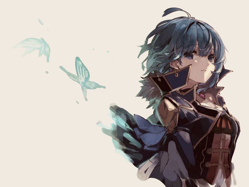 1girl ahoge black_dress blue_eyes blue_hair breasts bug butterfly collar dress fam_(grimms_notes) glowing_butterfly gold_trim grey_background grimms_notes highres hosato_mikine insect jewelry looking_at_viewer medium_breasts short_hair simple_background solo wide_sleeves