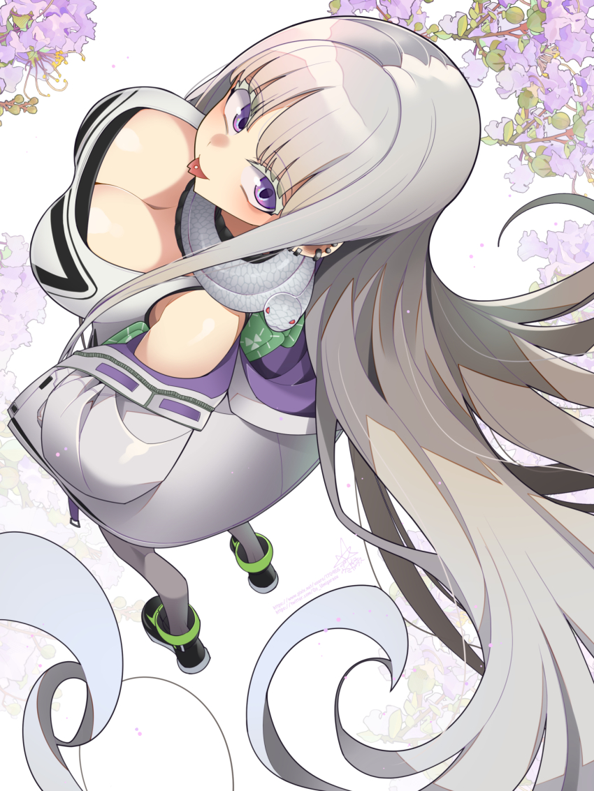 1girl bare_shoulders black_footwear breasts cheona_(last_origin) cleavage forked_tongue from_above grey_hair highres jacket large_breasts last_origin long_hair long_sidelocks looking_at_viewer open_clothes open_jacket purple_eyes shirt snake solo standing tongue umigarasu_(kitsune1963) very_long_hair very_long_sidelocks white_background white_jacket white_shirt