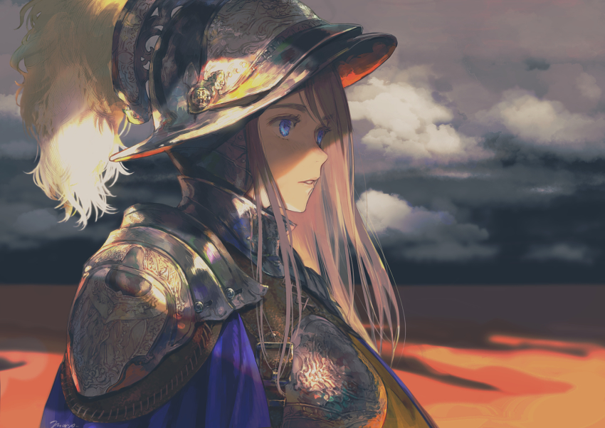 1girl armor blue_cape blue_eyes breastplate cape cloud cloudy_sky helmet long_hair moryo original outdoors parted_lips pauldrons sand shoulder_armor signature sky solo upper_body