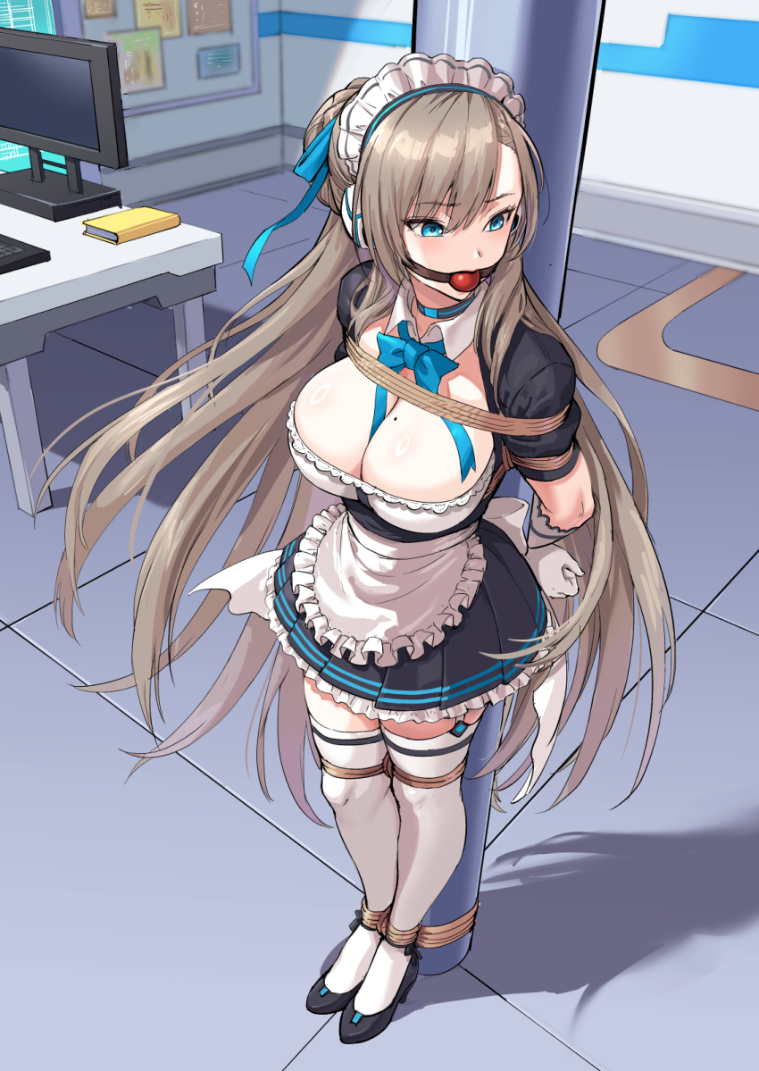 1girl apron asuna_(blue_archive) ball_gag bdsm blue_archive blue_eyes bondage bound breasts brown_hair cleavage commission gag gloves highres large_breasts maid maid_apron maid_headdress mole mole_on_breast restrained root001 shibari solo thighhighs white_gloves white_thighhighs