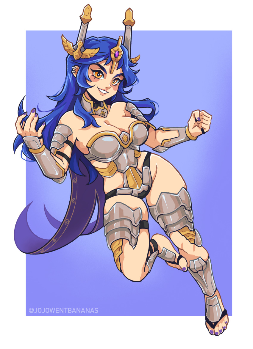 1girl absurdres armor armored_legwear bikini_armor blue_hair breasts cape cleavage commentary commission dang_(runescape) earrings english_commentary full_body gold_trim highres jewelry joanna_went_bananas long_hair medium_breasts orange_eyes original pointed_crown purple_background purple_cape purple_nails runescape running second-party_source simple_background thick_eyebrows thigh_armor thighs white_background yellow_eyes
