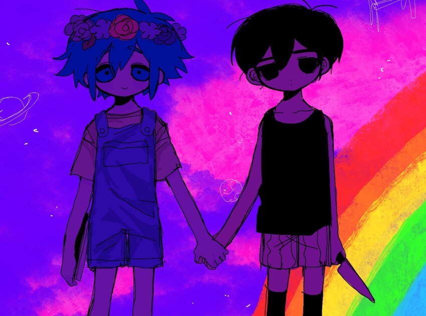 2boys antenna_hair basil_(headspace)_(omori) basil_(omori) black_eyes black_hair black_tank_top black_thighhighs blue_overalls book closed_mouth collarbone colored_skin expressionless flower green_eyes green_hair head_wreath highres holding holding_book holding_hands holding_knife knife kobanzame_omo looking_at_viewer male_focus multiple_boys omori omori_(omori) overall_shorts overalls rainbow shirt short_hair short_sleeves shorts smile striped_clothes striped_shorts t-shirt tank_top thighhighs vertical-striped_clothes vertical-striped_shorts white_shorts white_skin
