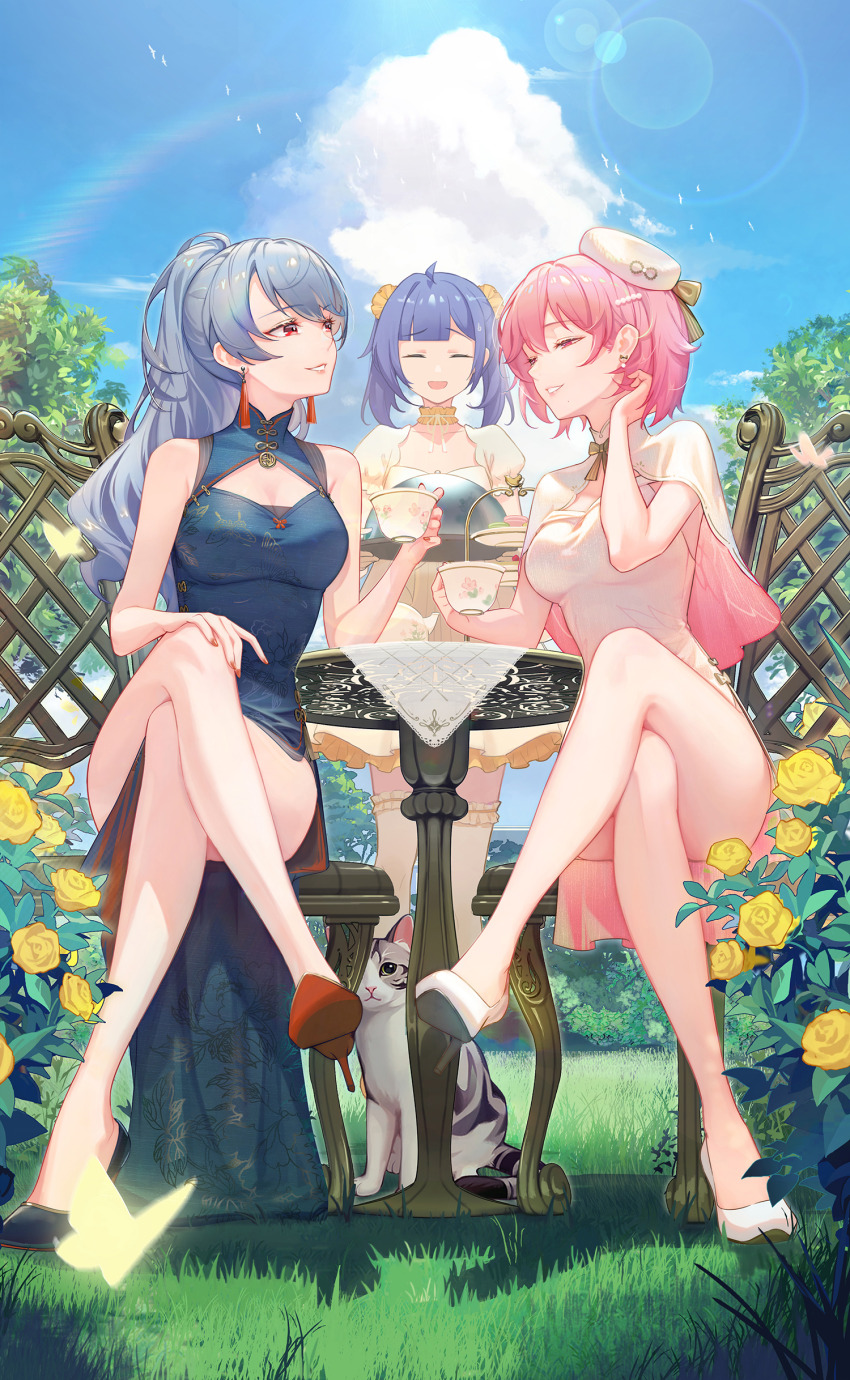 1other 3girls absurdres bai_ou_(crazy_ones) bare_legs bare_shoulders blue_dress blue_sky breasts cat chair cleavage_cutout closed_eyes clothing_cutout cloud commentary_request crazy_ones crossed_legs cup dress flower grass grey_hair high_heels highres large_breasts long_hair medium_breasts multiple_girls official_art on_chair pelvic_curtain pink_hair purple_hair qianye_zhizi rainbow red_eyes rose short_hair sitting sky standing stiletto_heels table tree white_dress xia_bing_(crazy_ones) yellow_flower yellow_rose