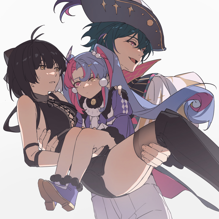 1boy 2girls absurdres bare_shoulders black_boots black_bow black_collar black_dress black_hair black_shorts blue_hair boots bow brant_(wuthering_waves) carrying collar commentary_request cross-laced_clothes cross-laced_dress dress elbow_pads female_rover_(wuthering_waves) hair_bow hand_on_another&#039;s_shoulder hat heterochromia highres jacket key_hair_ornament looking_ahead looking_at_another looking_to_the_side multicolored_hair multiple_girls open_mouth pants pink_eyes pink_hair princess_carry purple_eyes purple_jacket purple_shoes rhg roccia_(wuthering_waves) rover_(wuthering_waves) shoes short_hair shorts simple_background sleeveless sleeveless_dress smile sweatdrop thigh_boots thighhighs thighhighs_under_boots thighs tricorne two-tone_hair white_background white_pants wuthering_waves yellow_eyes