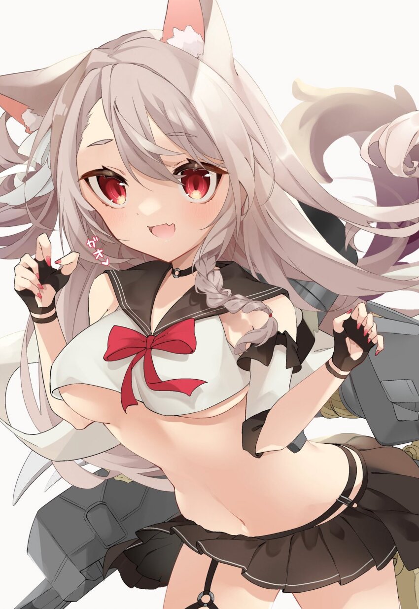 :d animal_ears anniversary azur_lane bare_shoulders black_gloves blonde_hair blush bow bowtie breasts claw_pose commentary_request crop_top cropped_shirt detached_sleeves ebichiri_sunday fang fingerless_gloves garter_straps gloves hair_between_eyes hands_up happy highres leaning_forward long_hair medium_breasts microskirt midriff miniskirt nail_polish navel open_mouth pleated_skirt red_bow red_bowtie red_eyes red_nails retrofit_(azur_lane) rigging sailor_collar school_uniform serafuku shirt skirt slit_pupils smile tail underboob very_long_hair white_serafuku white_shirt wolf_ears wolf_girl yuudachi_(azur_lane)