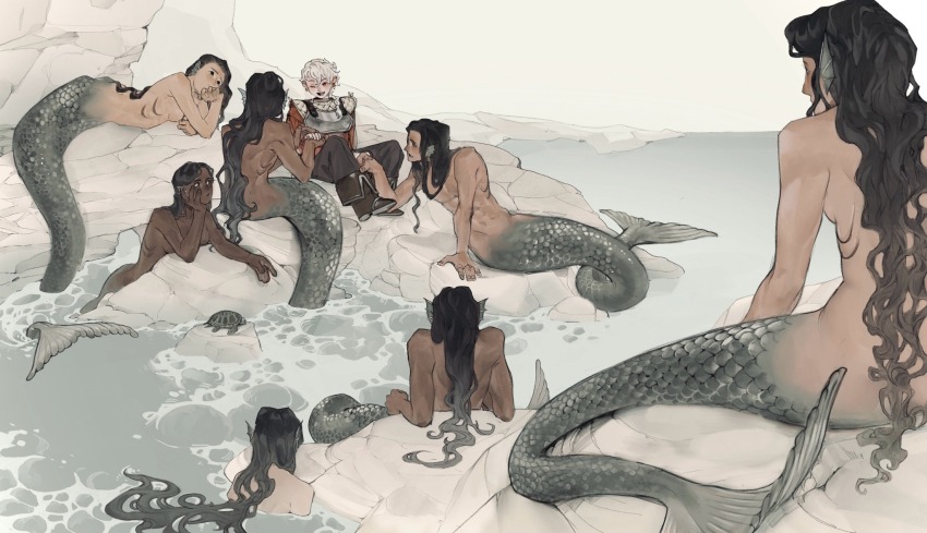 2boys 3girls 3others arm_support armor black_boots black_hair black_pants boots breastplate breasts commentary commission dark-skinned_female dark_skin earrings english_commentary fins gills hand_on_own_cheek hand_on_own_face head_fins head_rest highres holding_hands jewelry kneeless_mermaid long_hair looking_at_another lying medium_breasts mermaid merman monster_boy monster_girl multiple_boys multiple_girls multiple_others nude ocean on_rock on_side one_eye_closed original outdoors pants partially_submerged red_shirt ripples rock shirt short_hair sitting sky small_breasts squarecloud7310 teeth turtle twisted_torso upper_teeth_only very_long_hair white_hair white_sky