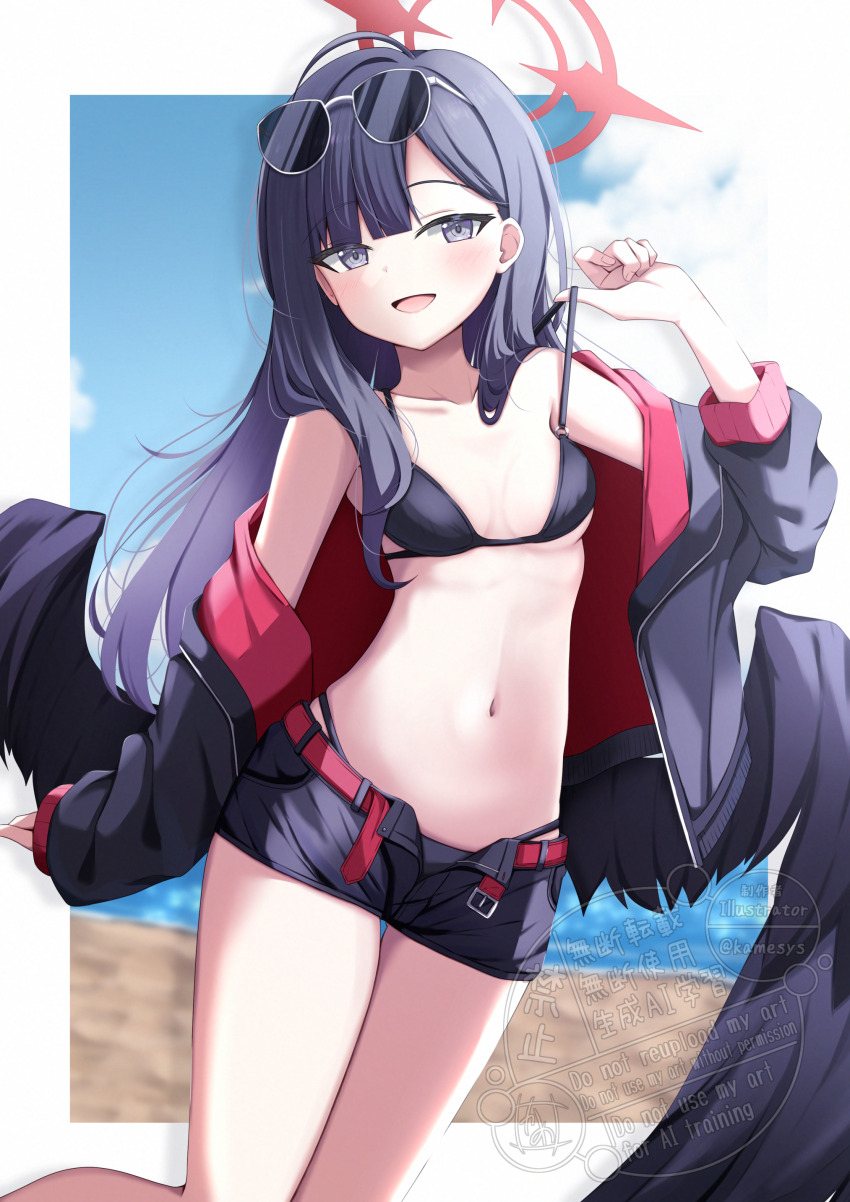 1girl :d absurdres ahoge bare_shoulders belt bikini black_bikini black_jacket black_shorts black_wings blue_archive blue_sky blunt_bangs blush border breasts breasts_apart collarbone commentary_request day eyewear_on_head feathered_wings feet_out_of_frame green_eyes hair_over_shoulder halo hand_up highres ichika_(blue_archive) ichika_(swimsuit)_(blue_archive) jacket jacket_partially_removed kamesys long_hair long_sleeves looking_at_viewer low_wings navel o-ring o-ring_bikini o-ring_top official_alternate_costume open_clothes open_jacket open_mouth outdoors outside_border pulling_own_clothes red_belt red_halo shorts sidelighting sky small_breasts smile solo standing stomach straight_hair strap_pull sunglasses swimsuit thigh_gap tsurime unusually_open_eyes watermark white_border wings