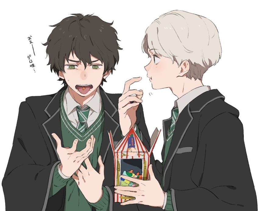2boys albus_severus_potter black_hair black_robe blonde_hair blue_eyes candy disgust eating food frown green_eyes harry_potter_(series) harry_potter_and_the_cursed_child hogwarts_school_uniform jelly_bean multiple_boys necktie robe school_uniform scorpius_malfoy short_hair slytherin striped_necktie sweater wizarding_world