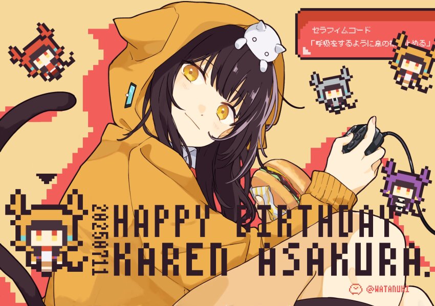 1girl animal_ears asakura_karen_(heaven_burns_red) blush burger cat_ears cat_girl cat_tail closed_mouth commentary controller english_commentary food game_controller heaven_burns_red highres holding holding_controller holding_game_controller hood hood_up jacket kneehighs looking_at_viewer socks tail translation_request upper_body watanuki_(enu) yellow_eyes yellow_jacket