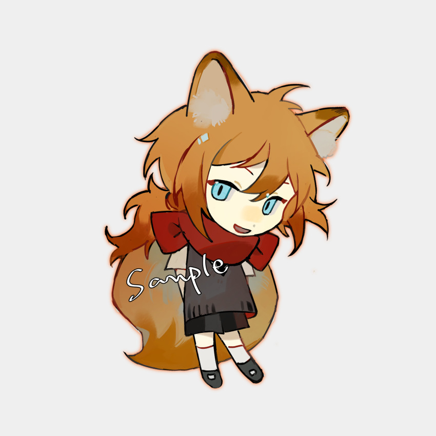 1girl animal_ears arms_behind_back black_shoes black_shorts black_sweater_vest blue_eyes chibi chibi_only chinese_commentary chuanhua commentary_request commission fox_ears fox_girl fox_tail grey_background grey_shirt grey_thighhighs highres long_hair mary_janes open_mouth orange_hair original red_scarf sample_watermark scarf shirt shoes shorts simple_background smile solo sweater_vest tail thighhighs watermark
