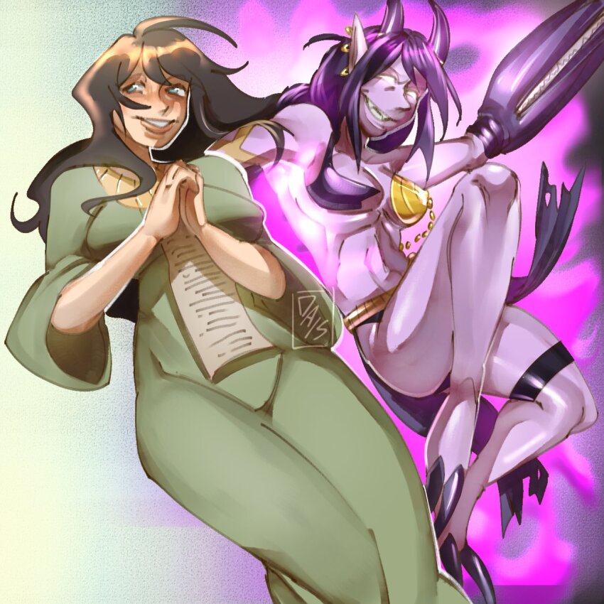 artist_request aura bikini black_hair breasts claws colored_skin corruption crustacean da1su_am daemonette demon demon_ears demon_girl demon_horns demonic_creature dress ear_piercing glowing glowing_eyes green_eyes highres hooves horns large_breasts long_dress long_hair original pelvic_curtain piercing pointy_ears purple_eyes purple_hair purple_skin smile swimsuit twitter_username warhammer_40k