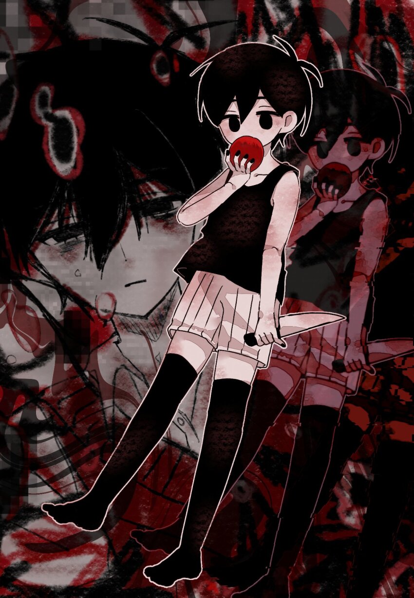 2boys antenna_hair apple black_eyes black_hair black_nails black_tank_top black_thighhighs closed_mouth collarbone colored_skin double-parted_bangs dual_persona food fruit hair_between_eyes highres hiori000 holding holding_food holding_fruit holding_knife knife male_focus multiple_boys omori omori_(omori) short_hair shorts striped_clothes striped_shorts sunny_(omori) tank_top thighhighs vertical-striped_clothes vertical-striped_shorts white_shorts white_skin