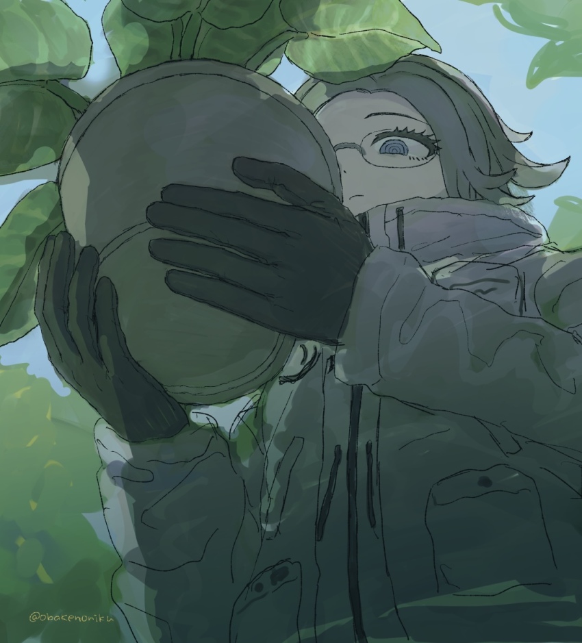 1boy aotsuki_eito black_gloves closed_mouth coat flower_pot from_below glasses gloves grey_hair holding holding_flower_pot leaf long_sleeves male_focus obakenoniku plant potted_plant ringed_eyes solo the_hundred_line_-last_defense_academy- twitter_username upper_body white_coat