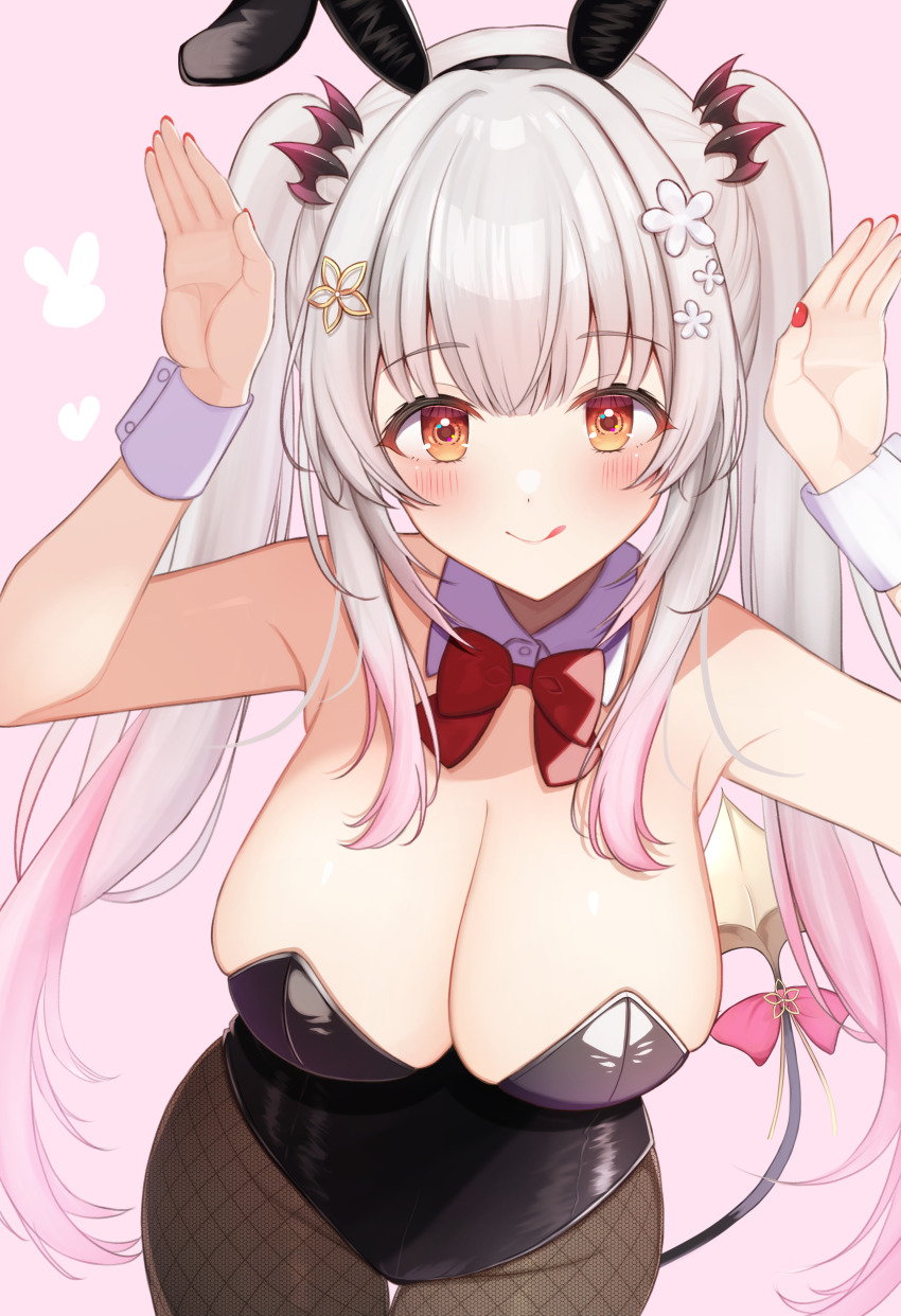 1girl :q absurdres alternate_costume animal_ear_hairband animal_ears applying_manicure black_hairband black_leotard black_pantyhose blush bow bowtie breasts cleavage closed_mouth commentary daysss demon_tail detached_collar fake_animal_ears fishnet_pantyhose fishnets flower gradient_hair grey_hair groin hair_flower hair_ornament hairband hairclip hands_up headgear highres indie_virtual_youtuber large_breasts leotard long_hair looking_at_viewer multicolored_hair nail_polish orange_eyes pantyhose pink_background pink_hair playboy_bunny rabbit_ear_hairband rabbit_ears rabbit_pose red_bow red_bowtie red_nails skindentation smile solo strapless strapless_leotard suou_patra tail tongue tongue_out very_long_hair virtual_youtuber wing_collar