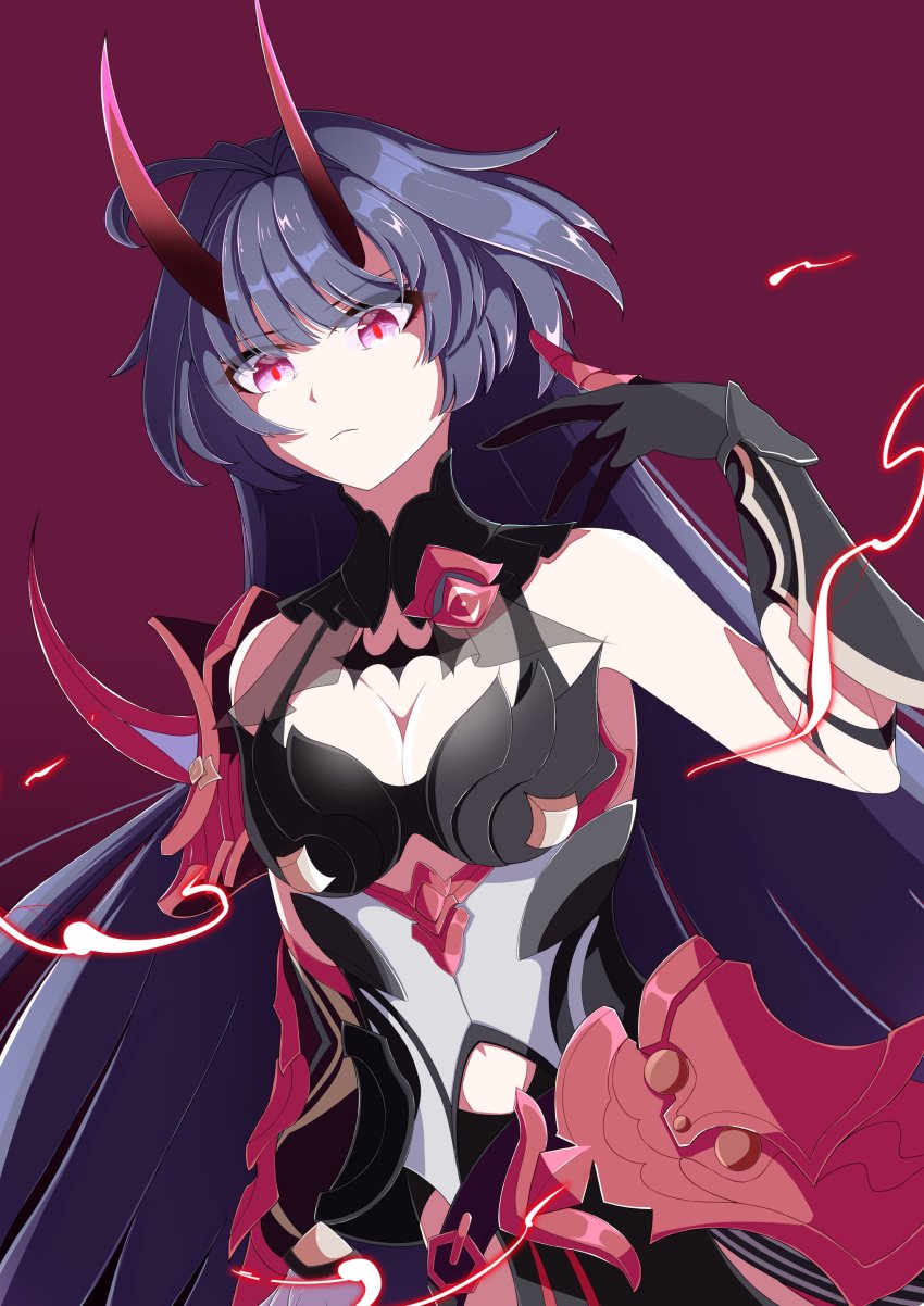 1girl absurdres bare_shoulders black_gloves black_hair breasts cleavage closed_mouth commentary_request eight_(eight3rd1) elbow_gloves gloves hand_up highres honkai_(series) honkai_impact_3rd horns long_hair looking_at_viewer medium_breasts navel purple_background purple_eyes raiden_mei raiden_mei_(herrscher_of_thunder) red_pupils solo very_long_hair
