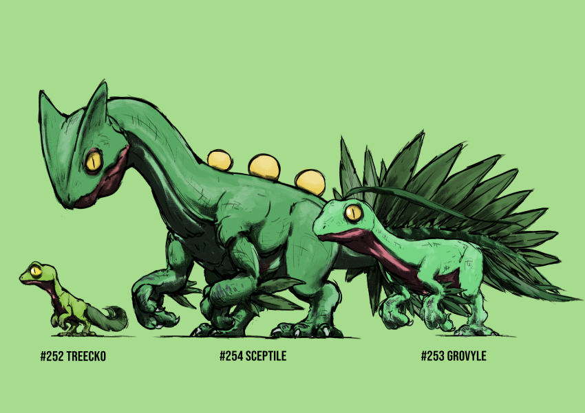 absurdres animal_focus blacknirrow character_name claws closed_mouth dinosaur english_text evolutionary_line from_side full_body gen_3_pokemon green_background green_theme grovyle highres leg_up nintendo no_humans pokedex_number pokemon pokemon_(creature) realistic sceptile simple_background sketch slit_pupils standing standing_on_one_leg treecko wide-eyed yellow_eyes