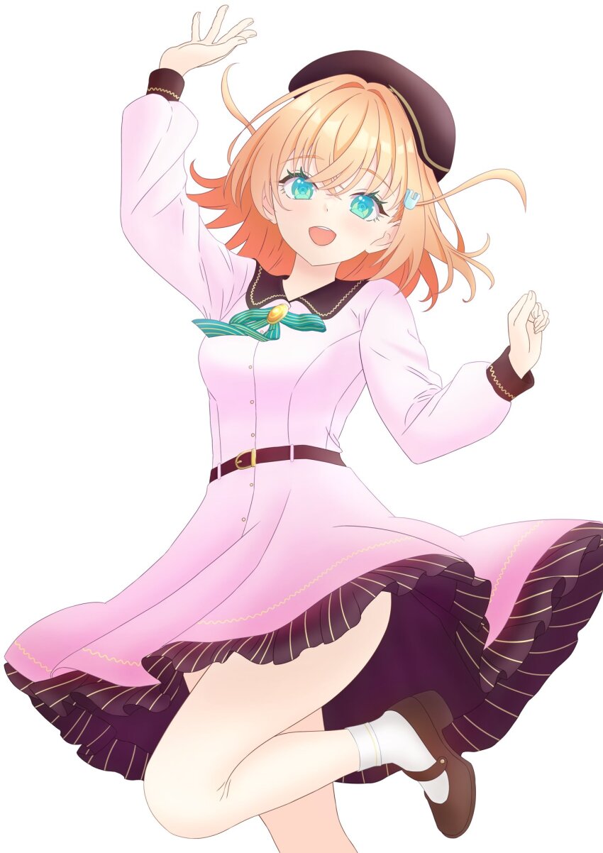 1girl :d ankle_socks aqua_eyes arm_up beret blush breasts brown_hat brown_shoes clothes_lift collared_dress commentary_request contrast_collar crossed_bangs dream_believers dress dress_lift foot_out_of_frame frilled_dress frills green_ribbon hair_ornament hand_up hat highres hinoshita_kaho kara_iroha leg_up link!_like!_love_live! long_sleeves looking_at_viewer love_live! mary_janes medium_breasts medium_hair neck_ribbon official_alternate_costume open_mouth orange_hair pink_dress pinstripe_dress pinstripe_pattern pinstripe_ribbon rabbit_hair_ornament ribbon rounded_collar shoes short_dress simple_background smile socks solo teeth two_side_up upper_teeth_only virtual_youtuber white_background white_socks wind wind_lift