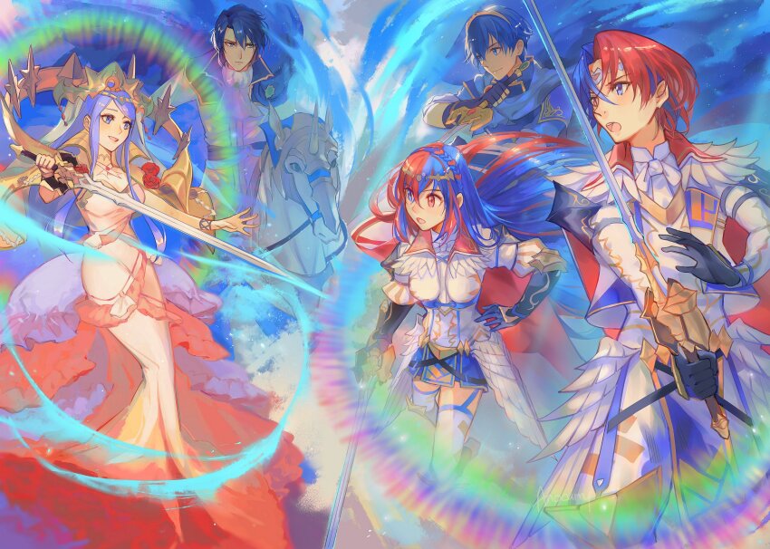2girls 3boys absurdres female_alear_(fire_emblem) male_alear_(fire_emblem) anocurry aristocratic_clothes blue_eyes blue_hair braid breasts commentary crossed_bangs crown crown_braid dress english_commentary female_alear_(awoken_divinity)_(fire_emblem) fire_emblem fire_emblem:_genealogy_of_the_holy_war fire_emblem_engage gloves gold_cape gold_crown heterochromia highres horseback_riding jewelry large_breasts long_hair lumera_(fire_emblem) marth_(emblem)_(fire_emblem) marth_(fire_emblem) mature_female multicolored_hair multiple_boys multiple_girls nintendo official_alternate_costume open_mouth rainbow_gradient red_eyes red_hair riding short_hair sigurd_(emblem)_(fire_emblem) sigurd_(fire_emblem) smile split-color_hair tiara two-tone_hair very_long_hair white_dress