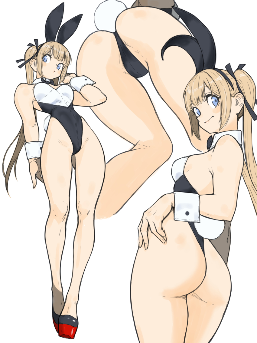 1girl absurdres animal_ears ass black_leotard blonde_hair blue_eyes breasts dead_or_alive dead_or_alive_5 fake_animal_ears fake_tail female_focus full_body highleg highleg_leotard highres leotard long_hair looking_at_viewer marie_rose multicolored_leotard multiple_views platform_heels playboy_bunny rabbit_ears rabbit_tail simple_background small_breasts solo tail thong thong_leotard toshinoshin twintails two-tone_leotard white_background wrist_cuffs