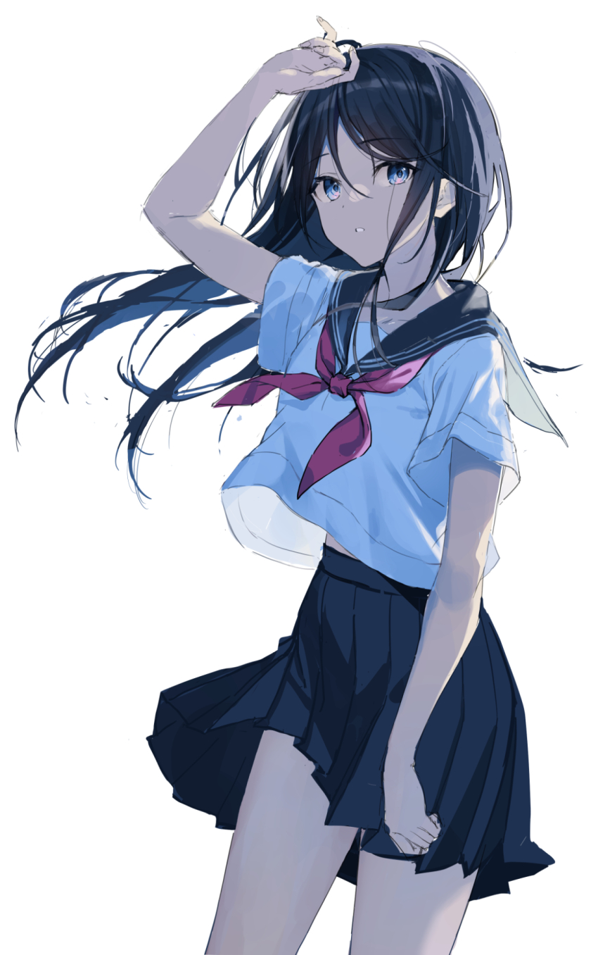 1girl arm_up backlighting black_hair black_sailor_collar black_skirt blue_eyes cowboy_shot gradient_eyes high-waist_skirt highres long_hair looking_at_viewer midriff_peek multicolored_eyes neckerchief original parted_lips pleated_skirt purple_eyes sailor_collar school_uniform serafuku shirt shirt_overhang short_sleeves simple_background skirt solo standing thighs timmoo white_background white_shirt