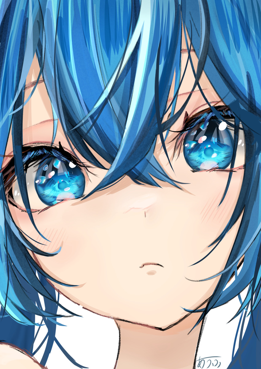 1girl absurdres auhuheben17 blue_eyes blue_hair eye_focus hair_between_eyes highres looking_at_viewer original portrait signature solo twintails white_background