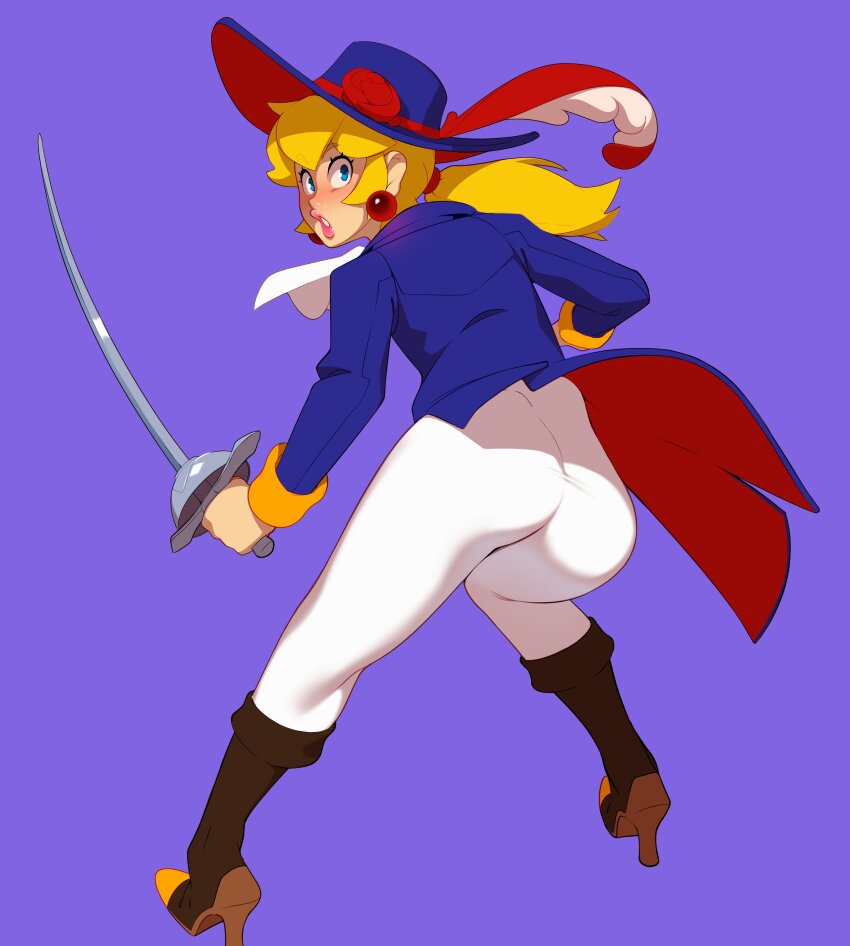 1girl absurdres ascot blonde_hair blue_background blue_eyes blue_headwear blue_jacket blue_vest boots cavalier_hat combos_&amp;_doodles earrings feathers fencing flower gem hairband hat hat_feather hat_flower hat_ornament hat_ribbon high_heel_boots high_heels highres holding holding_sword holding_weapon jacket jewelry long_hair mario_(series) nintendo pants ponytail princess_peach princess_peach:_showtime! purple_background rapier red_feathers red_flower red_gemstone red_hairband ribbon sleeve_cuffs solo sword swordfighter_peach tight_clothes tight_pants two-sided_fabric two-sided_jacket vest waistcoat weapon white_ascot white_pants