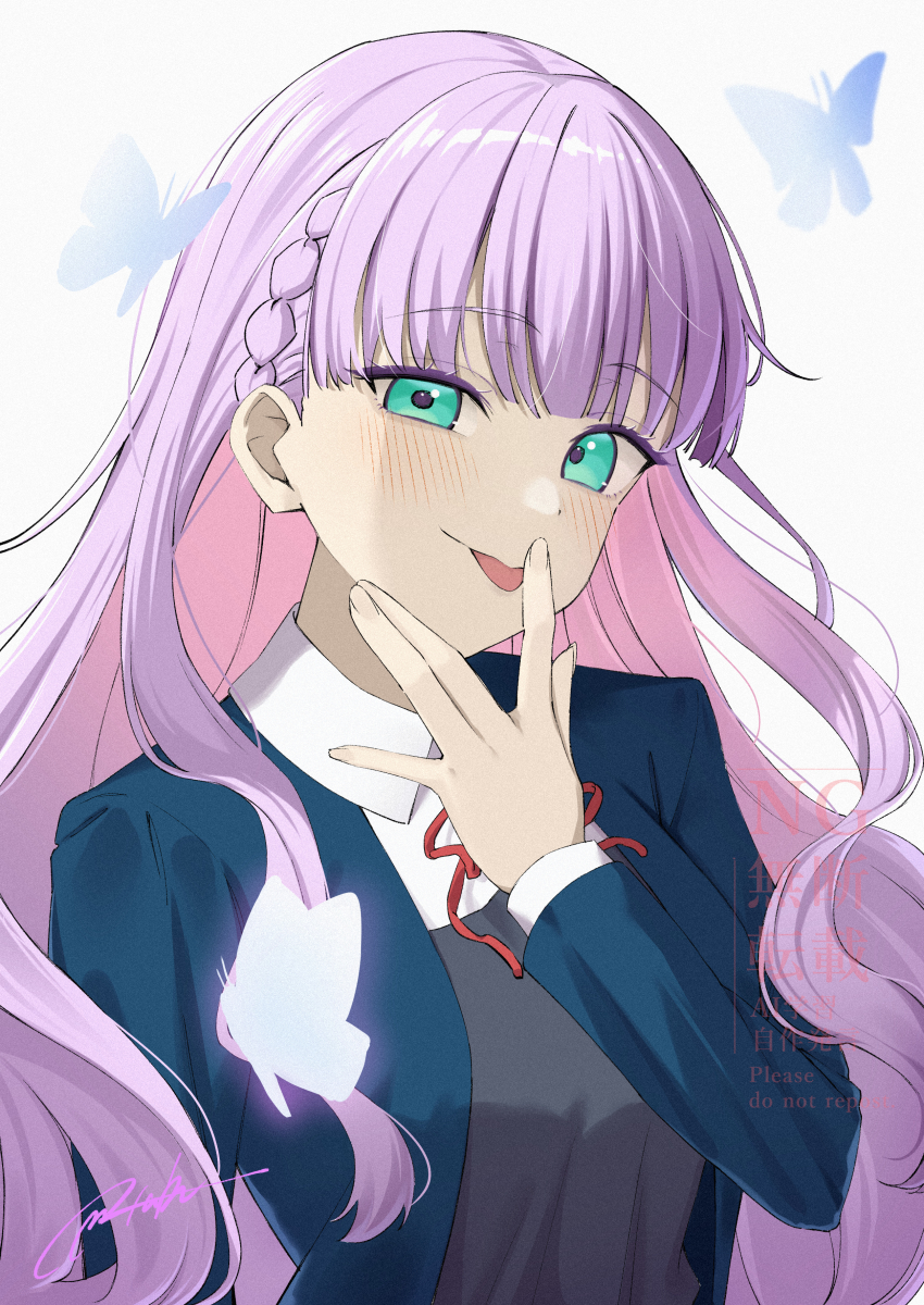 1girl absurdres artist_name blue_butterfly blue_jacket blush braid bug butter butterfly commentary_request food green_eyes hand_on_own_face highres insect jacket light_smile long_hair long_sleeves looking_at_viewer love_live! love_live!_superstar!! masami_atabe neck_ribbon purple_hair red_ribbon ribbon school_uniform shirt signature solo tongue tongue_out watermark white_shirt wien_margarete yuigaoka_school_uniform