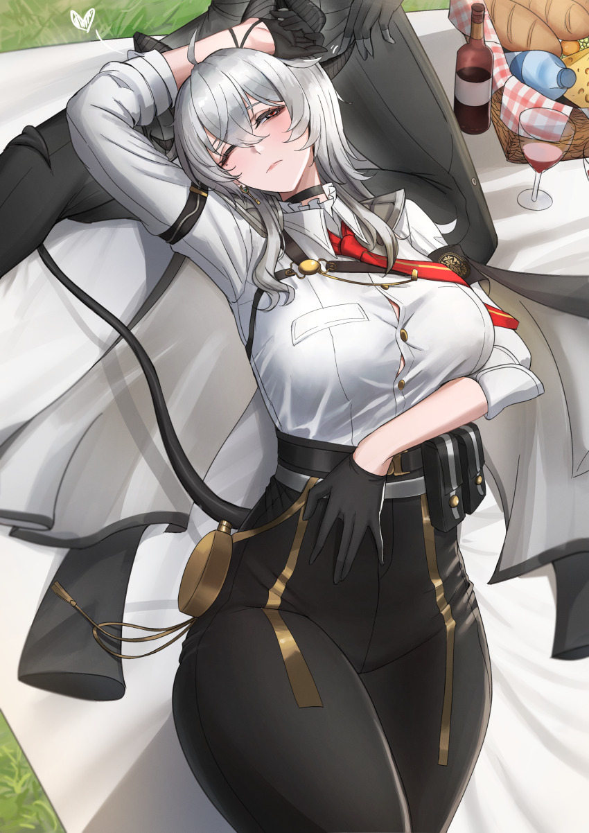 1boy 1girl absurdres arm_up armband black_armband black_choker black_gloves black_horns black_jacket black_tail bottle bread breasts button_gap chest_harness choker collared_shirt commentary cup curled_horns drinking_glass earrings english_commentary food gloves grass grey_hair hair_between_eyes half-closed_eye hans-kun harness heart high-waist_pants highres horns jacket jacket_on_shoulders jewelry key_earrings large_breasts long_hair male_rover_(wuthering_waves) mole mole_under_eye necktie one_eye_closed pants picnic_basket picnic_blanket red_eyes red_necktie rover_(wuthering_waves) shirt shirt_tucked_in solo_focus white_shirt wine_glass wuthering_waves zani_(wuthering_waves)