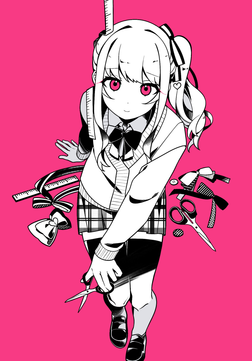 1other akiyama_mizuki arm_behind_back bow bowtie cardigan chinese_commentary closed_mouth collared_shirt commentary_request eyebrows_hidden_by_hair from_above full_body greyscale_with_colored_background hair_bow hair_ornament heart heart_hair_ornament high_contrast highres holding holding_scissors kamiyama_high_school_uniform_(project_sekai) laylayhappy loafers long_hair long_sleeves looking_at_viewer miniskirt other_focus pink_background pink_eyes plaid_clothes plaid_skirt pleated_skirt project_sekai raised_inner_eyebrows ruler school_uniform scissors shippaisaku_shoujo_(vocaloid) shirt shoes side_ponytail sidelocks simple_background skirt smile solo spot_color striped_bow swept_bangs thighhighs zettai_ryouiki