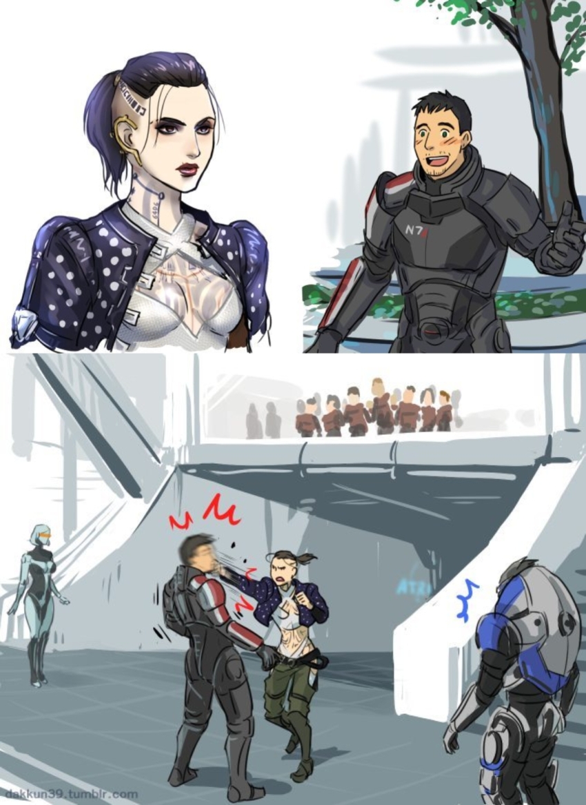 alien blush commander_shepard commander_shepard_(male) dakkun39 edi_(mass_effect) excited garrus_vakarian highres jack_(mass_effect) mass_effect_(series) ponytail punching robot tumblr turian