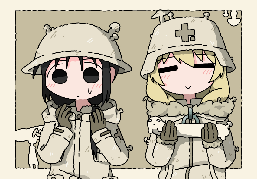 2girls =_= black_eyes black_hair blonde_hair chito_(shoujo_shuumatsu_ryokou) closed_mouth combat_helmet emesan_desu fur-trimmed_jacket fur_trim gloves helmet highres holding jacket long_sleeves multiple_girls mushroom nuko_(shoujo_shuumatsu_ryokou) outside_border shoujo_shuumatsu_ryokou smile upper_body yuuri_(shoujo_shuumatsu_ryokou)