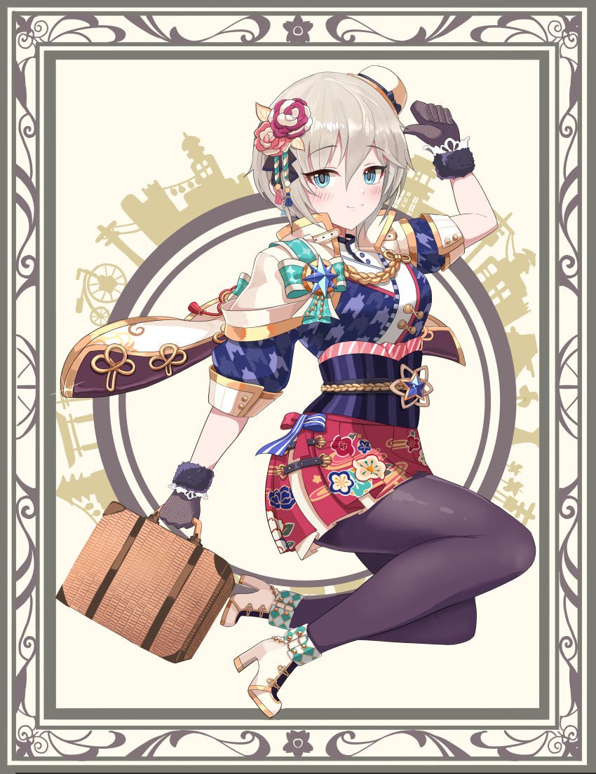 1girl absurdres anastasia_(idolmaster) black_gloves black_pantyhose blue_eyes blush boots closed_mouth full_body gloves hair_ornament hat high_heel_boots high_heels highres idolmaster idolmaster_cinderella_girls idolmaster_cinderella_girls_starlight_stage japanese_clothes looking_at_viewer luggage mini_hat mini_top_hat pantyhose short_hair shouwa silhouette silver_hair smile solo sylph_kim taishou thumbs_up top_hat