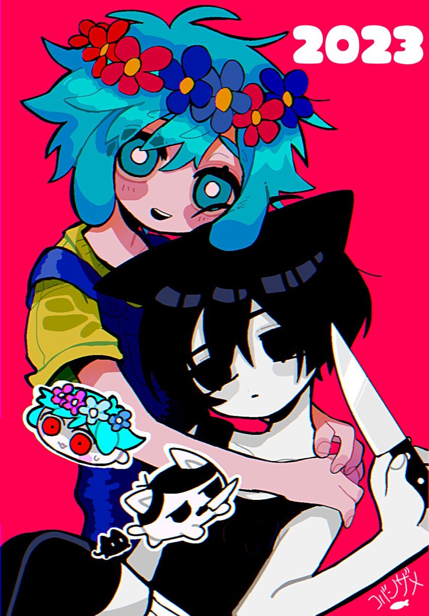 2023 2boys animal_ears animalization basil_(headspace)_(omori) basil_(omori) black_eyes black_hair black_thighhighs blush bright_pupils cat cat_ears closed_mouth colored_skin expressionless green_eyes green_hair head_wreath highres holding holding_knife knife kobanzame_omo looking_at_viewer male_focus mewo multiple_boys omori omori_(omori) open_mouth person_and_animalization rabbit rabbit_boy rabbit_ears red_background short_hair shorts simple_background smile teeth thighhighs upper_teeth_only white_pupils white_shorts white_skin