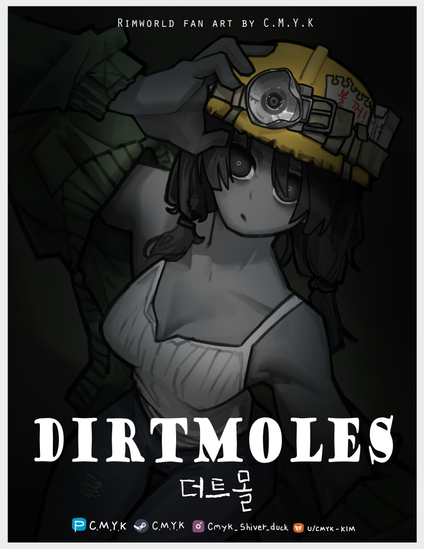 1girl absurdres black_background black_eyes black_hair border breasts cigarette_pack cleavage cmyk-kim colored_skin commentary_request copyright_name dirtmole_(rimworld) grey_skin hard_hat headlamp helmet highres korean_commentary korean_text miner mining_helmet pants pixiv_logo reddit_logo rimworld simple_background solo steam_logo tank_top