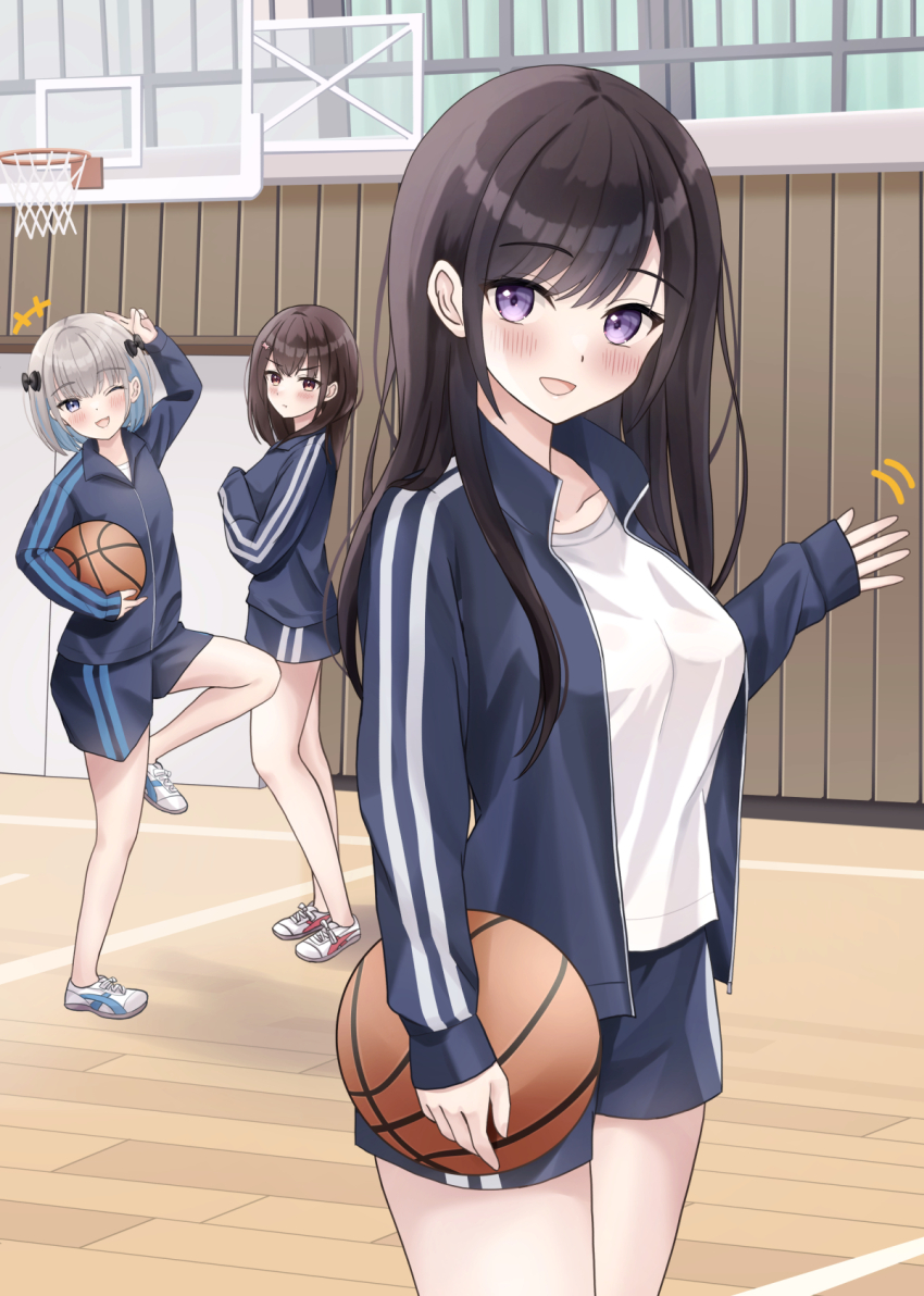+++ 3girls :d ;d arm_up ball basketball_(object) basketball_hoop black_bow blue_hair blue_jacket blue_shorts blush bow breasts brown_hair collarbone commentary_request fuyuno_tsubaki_(yukimaru217) grey_hair gym_shirt gym_shorts gym_uniform hair_bow harumiya_saki highres indoors jacket long_hair long_sleeves looking_at_viewer medium_breasts motion_lines multicolored_hair multiple_girls one_eye_closed open_clothes open_jacket open_mouth original puffy_long_sleeves puffy_sleeves purple_eyes red_eyes shirt shoes shorts sleeves_past_wrists smile standing standing_on_one_leg track_jacket two-tone_hair v-shaped_eyebrows white_shirt white_shoes wooden_floor yukimaru217