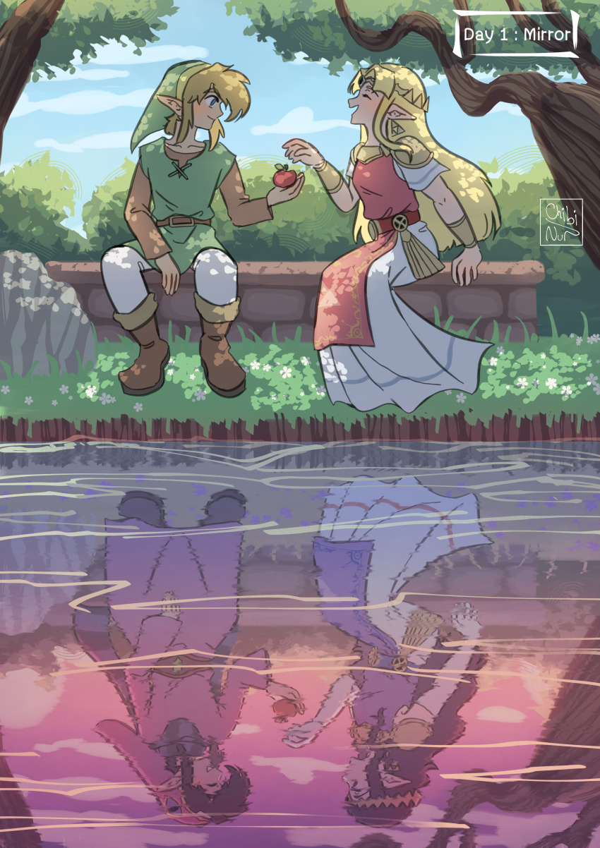 2boys 2girls absurdres animal_hood apple armor artist_logo artist_name black_hair blonde_hair blue_sky boots bracer brown_footwear brown_sleeves chibi_nur closed_eyes commentary different_reflection dress earrings elbow_gloves english_commentary english_text food fruit gloves grass green_hat green_tunic hat highres holding holding_food holding_fruit hood jewelry link logo long_dress long_hair long_sleeves looking_at_another multiple_boys multiple_girls nintendo open_mouth pants pauldrons pink_dress pointy_ears princess princess_hilda princess_zelda purple_dress purple_robe rabbit_hood ravio reflection robe sharing_food shoulder_armor sidelocks signature sitting sky smile spoilers the_legend_of_zelda the_legend_of_zelda:_a_link_between_worlds tiara tree triforce tunic two-tone_dress water white_dress white_gloves white_pants
