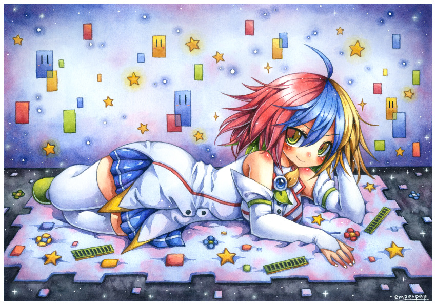1girl absurdres ahoge bare_shoulders blonde_hair blue_eyes blue_hair blush breasts bridal_gauntlets closed_mouth commentary detached_sleeves emperpep full_body google_chrome google_chrome_(merryweather) green_eyes green_hair hair_between_eyes highres huge_filesize internet_explorer_(webcomic) looking_at_viewer lying medium_breasts multicolored_eyes multicolored_hair nail_polish on_side painting_(medium) personification red_eyes red_hair short_hair skirt smile solo thighhighs traditional_media v-shaped_eyebrows watercolor_(medium) white_thighhighs yellow_eyes