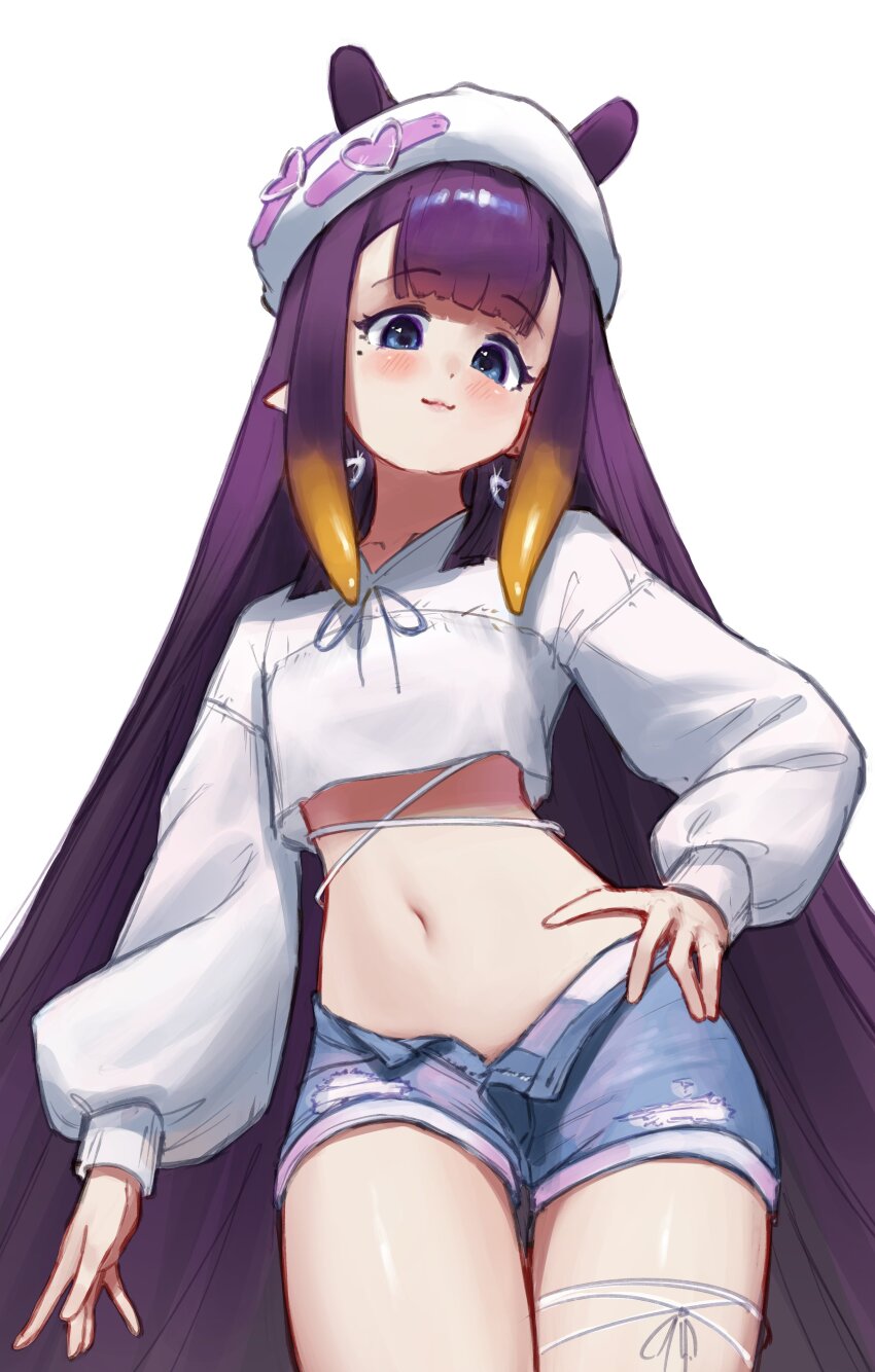1girl absurdres beret blue_eyes blue_shorts bobsta01 breasts closed_mouth cropped_shirt denim denim_shorts gradient_hair hand_on_own_hip hat highres hololive hololive_english long_hair looking_at_viewer mole mole_under_eye multicolored_hair navel ninomae_ina&#039;nis orange_hair pointy_ears purple_hair shirt short_shorts shorts simple_background small_breasts solo tentacle_hair very_long_hair virtual_youtuber white_background white_shirt