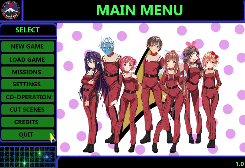 2boys 5girls alien blue_eyes blue_skin bow brown_hair colored_skin doki_doki_literature_club game_screenshot green_eyes jumpsuit kizuna_ai kizuna_ai_inc. long_hair looking_at_viewer monika_(doki_doki_literature_club) multiple_boys multiple_girls natsuki_(doki_doki_literature_club) pink_bow pink_eyes pink_hair protagonist_(doki_doki_literature_club) purple_eyes ribbon sayori_(doki_doki_literature_club) short_hair star_trek star_trek:_the_wrath_of_khan starfleet_academy sydus third-party_edit virtual_youtuber white_hair yuri_(doki_doki_literature_club)