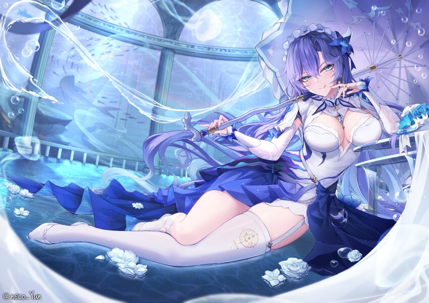 1girl :q absurdres asymmetrical_legwear blue_eyes blue_flower breasts cantarella_(wuthering_waves) closed_mouth commentary dress earrings facial_mark fingernails flower hair_between_eyes hair_flower hair_ornament hand_up headdress highres holding holding_umbrella jewelry kneehighs large_breasts legwear_garter long_hair mark_under_eye nail_polish purple_hair purple_nails purple_umbrella shoes shorts shrug_(clothing) single_kneehigh single_sock single_thighhigh smile socks solo thighhighs thighs tongue tongue_out umbrella uneven_legwear very_long_hair white_dress white_shoes white_shorts white_shrug white_socks wuthering_waves yeosi