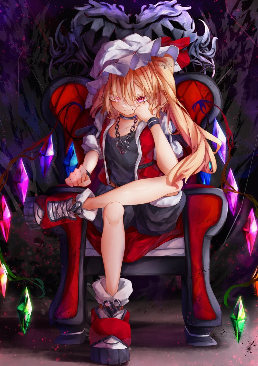 1girl alternate_costume black_shirt black_shorts blush boots bow calpis118 chair closed_mouth commentary_request crystal dark_background darkness flandre_scarlet hair_between_eyes hand_on_own_cheek hand_on_own_face hat hat_bow highres jacket jewelry leg_support light_particles looking_at_viewer mob_cap necklace on_chair one_side_up red_boots red_bow red_eyes red_jacket shirt short_hair shorts sitting smile solo touhou white_hat wings