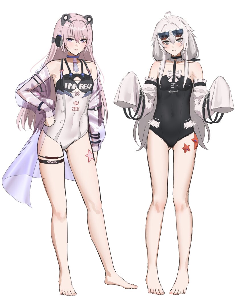 2girls absurdres ahoge animal_ears anoreika_tomoe barefoot bear_ears black_choker black_one-piece_swimsuit blue_choker choker covered_navel detached_sleeves eyewear_on_head fake_animal_ears full_body grey_eyes grey_hair headphones highres jacket jewelry leg_tattoo long_hair looking_at_viewer multiple_girls no._21:_xxi_(solar_frost)_(pgr) no._21_(pgr) one-piece_swimsuit pink_eyes pink_hair punishing:_gray_raven see-through_clothes see-through_jacket star_tattoo starfish sunglasses swimsuit tattoo teddy:_decryptor_(good_vibrations)_(pgr) teddy_(pgr) thighlet white_one-piece_swimsuit white_sleeves