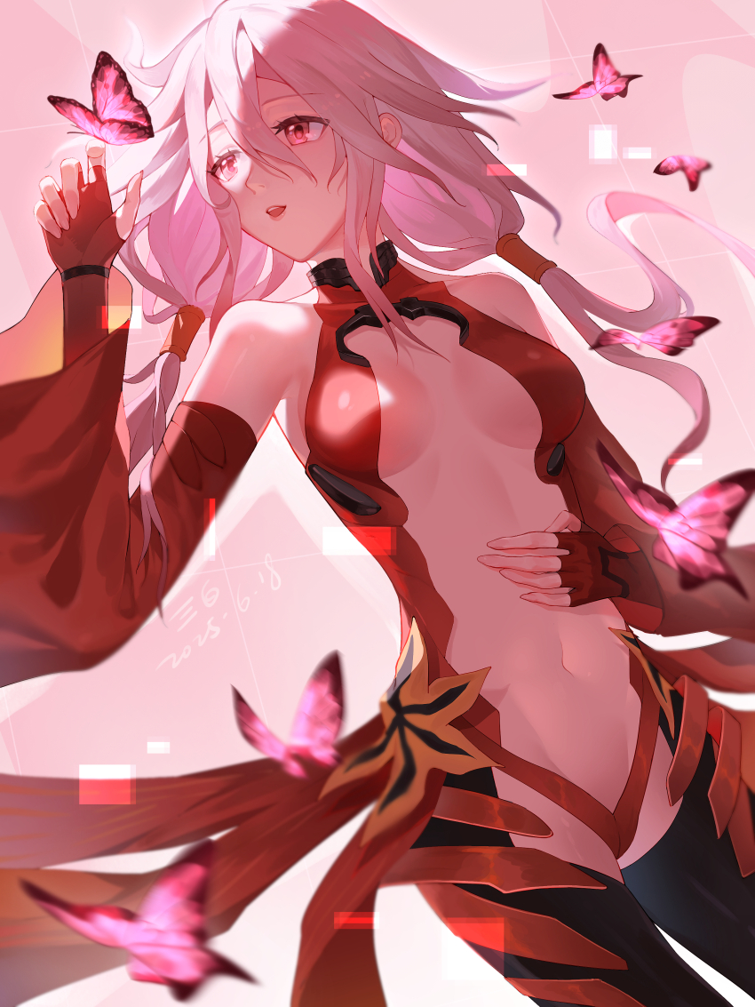 1girl absurdres bare_shoulders black_thighhighs breasts bug butterfly center_opening chinese_commentary cleavage commentary_request cowboy_shot dated detached_sleeves elbow_gloves fingerless_gloves floating_hair gloves guilty_crown hair_between_eyes hair_ornament hair_tubes hairclip hand_on_own_stomach highres insect leotard long_hair looking_at_animal medium_breasts navel no_hair_ornament open_mouth pink_butterfly pink_hair red_eyes red_leotard red_sheet sanshiro_(sanbai626) signature solo teeth thighhighs twintails upper_teeth_only yuzuriha_inori
