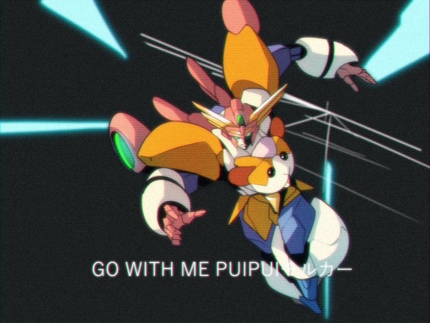 1990s_(style) ban!_(bansankan) checkered_floor film_grain guinea_pig lyrics mecha molcar no_humans oobari_masami_(style) parody potato_(pui_pui_molcar) pui_pui_molcar retro_artstyle robot style_parody super_robot yuusha_exkaiser yuusha_series