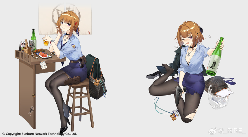 1girl adjusting_hair alcohol animal_charm asahi_breweries bag bar_(place) barcode beer_can belt_pouch bill_(object) black_bag black_bra black_choker black_pantyhose black_shoes blue_necktie blue_shirt blue_skirt blush bottle bra breasts brown_hair can cat_necklace choker chopsticks cleavage collarbone copyright_notice cup drink_can drinking_glass drunk elbows_on_table feet fish_(food) food full_body girls&#039;_frontline green_jacket grizzly_mkv_(elite_on_patrol)_(girls&#039;_frontline) grizzly_mkv_(girls&#039;_frontline) grizzly_win_mag gun hair_intakes hair_ornament hairclip handbag high_heels highres holding holding_bottle holding_cup holding_gun holding_weapon holster izakaya jacket lanyard large_breasts looking_at_viewer lower_teeth_only meat menu miniskirt multiple_views necktie off_shoulder official_alternate_costume official_art on_chair one_eye_closed open_mouth pantyhose paper paperclip parted_lips partially_unbuttoned pencil_skirt plastic_bag police police_uniform policewoman pouch purple_eyes sake_bottle sashimi shirt shish_kebab shoes short_hair short_sleeves shot_glass side_slit sitting skirt smile_(mm-l) solo soy_sauce squeans sunglasses teeth thigh_holster toes torn_clothes torn_pantyhose trigger_discipline underwear unworn_jacket unworn_shoes v-shaped_eyebrows wasabi watch watermark weapon weibo_username weibo_watermark wristwatch yakitori yokozuwari