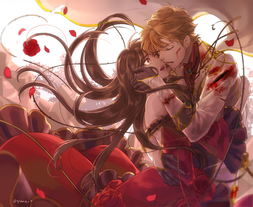 1boy 1girl bad_id bad_pixiv_id black_gloves black_hair blonde_hair blood blood_on_clothes blood_on_face blurry cape closed_eyes couple crying crying_with_eyes_open depth_of_field dress floating_cape floating_clothes floating_hair flower gloves hakuba_saguru hand_on_another&#039;s_back hand_on_another&#039;s_face hetero hug injury koizumi_akako long_hair looking_at_another magic_kaito off_shoulder open_mouth oyumaxo petals plant red_dress red_eyes red_flower red_lips red_rose rose rose_petals short_hair signature tearing_up tears twitter_username very_long_hair vines wide-eyed