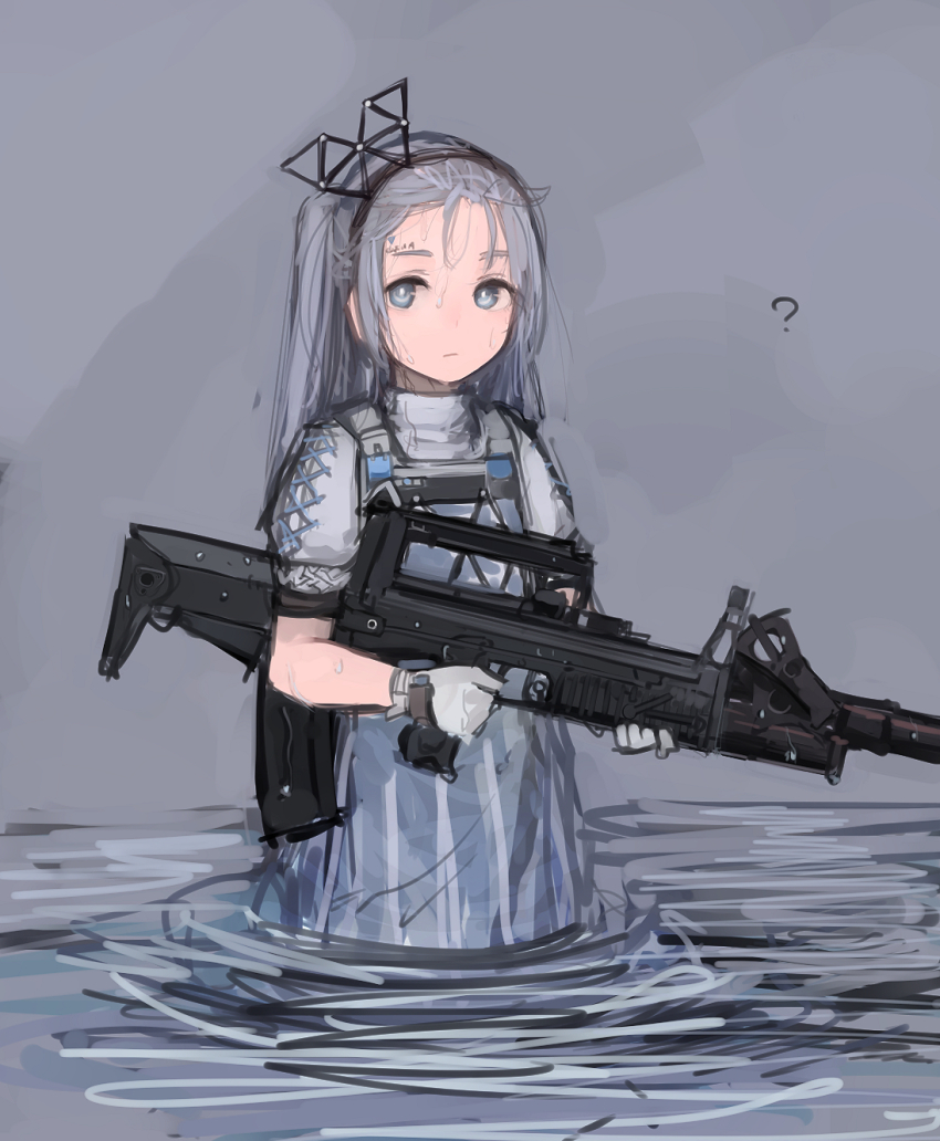 1girl ads_(girls&#039;_frontline) ads_amphibious_rifle assault_rifle blue_dress blue_eyes blue_hair bullpup caseless_firearm closed_mouth dress dual-medium_assault_rifle girls&#039;_frontline gloves grenade_launcher gun highres holding kbp_instrument_design_bureau long_gun long_hair multiple-barrel_gun puffy_short_sleeves puffy_sleeves rampart1028 rifle short_sleeves solo suppressor tskib_soo underbarrel_grenade_launcher underwater_firearm weapon white_dress white_gloves