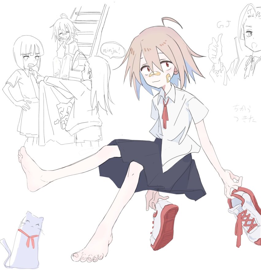 3girls :3 ahoge bandaid bandaid_on_cheek bandaid_on_face bandaid_on_nose barefoot black_skirt blue_hair blunt_ends bob_cut bpqd brown_hair cat collared_shirt colored_inner_hair do_it_yourself!! english_text furrowed_brow hair_between_eyes hair_slicked_back hand_on_own_chin hand_on_own_hip highres holding holding_cloth holding_shoes holding_unworn_clothes jacket juliet_queen_elizabeth_viii long_hair long_sleeves looking_at_another looking_at_viewer multicolored_hair multiple_girls multiple_views neck_ribbon necktie partially_colored pleated_skirt red_eyes red_ribbon ribbon shirt shirt_partially_tucked_in shoes short_hair short_sleeves simple_background sitting sitting_on_stairs skirt smile speech_bubble stairs suride_miku swinging_legs thumbs_up translation_request unworn_shoes white_background white_footwear white_shirt yua_serufu